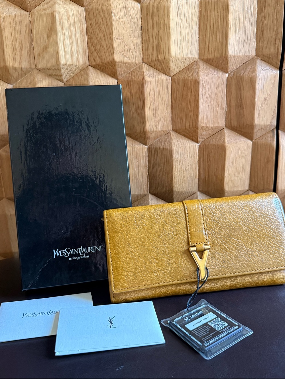 YSL Mustard Yellow Leather Y-Line Flap Wallet